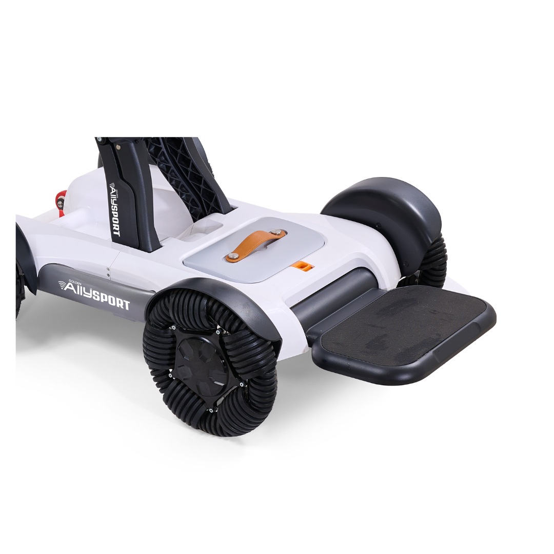 Close-up of a white and black mobility scooter base with large footrest, textured wheels, handle, and Allysport branding—powered by the Golden Ally Sport Batteries - 10 AH Lithium-Ion Travel Battery for extended travel.